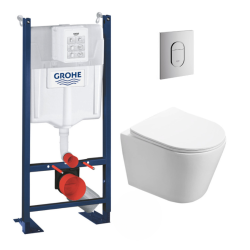 Grohe Pack WC Bâti-support autoportant RAPID SL + WC sans bride Infinitio, fixations invisibles + Plaque chrome (ProjectInfinitio-8)