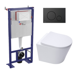 Swiss Aqua Technologies Pack WC bâti-autoportant + WC SAT Infinitio sans bride fixations invisibles + Abattant softclose + Plaque noir mat