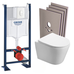 Grohe Pack WC Bâti autoportant + WC sans bride SAT Infinitio + Abattant softclose + Plaque blanc alpin + Set habillage