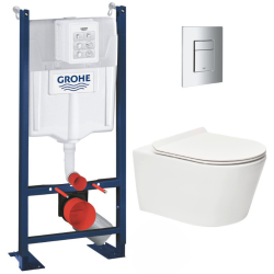 Grohe Pack WC Bâti autoportant + WC sans bride SAT Brevis + Abattant ultra-fin softclose + Plaque chrome (ProjectBrevis-1)