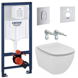 Pack WC Bâti-support + WC suspendu Ideal Standard Tesi Aquablade + Abattant ultra-fin avec frein de chute + Plaque Arena Chrome