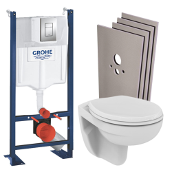 Grohe Pack WC bâti-autoportant + WC Porcher sans bride + Abattant + Set d'habillage + Plaque chrome (ProjectPorcher-1-sabo)