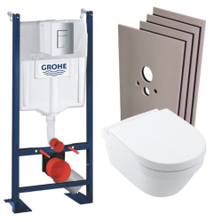 Grohe Pack WC Bâti autoportant + WC Architectura sans bride + Abattant + Plaque chrome + Set habillage