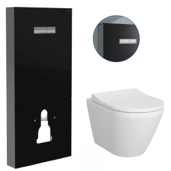 Pack WC Bâti support en verre trempé/aluminium brossé avec plaque intégrée, Noir + WC sans bride Integra + Abattant softclose