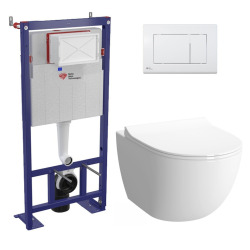 Pack WC bâti-autoportant + WC SAT sans bride fixations invisibles + Abattant softclose + Plaque blanche (SMART-SATrimless-9)