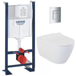 Grohe Pack WC Bâti-autoportant Rapid SL + WC sans bride Bello  avec fixations invisibles + Abattant softclose + Plaque chrome mat