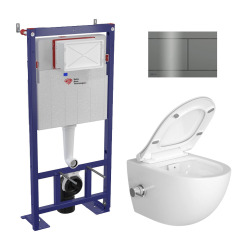Pack WC bâti-autoportant + WC SAT sans bride fixations invisibles + Abattant softclose + Plaque blanche (SMART-SATrimless-9)