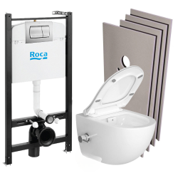 Roca Pack Bâti-support Roca Active + WC sans bride avec fonction bidet et fixations invisibles + plaque chrome mat + Set d'habillage