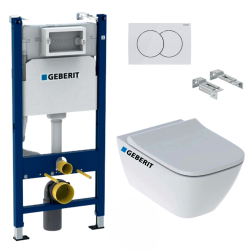 Geberit Pack WC Bati-support Geberit Duofix  + WC sans bride Geberit Smyle + Abattant softclose + Plaque blanche (SmyleGeb3)