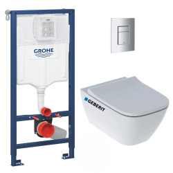 Geberit Pack WC Geberit Duofix + Cuvette WC suspendu Geberit Rimfree + Plaque de commande Sigma20 Blanc chromé