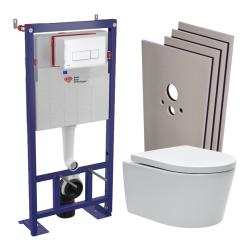 Swiss Aqua Technologies Pack WC bâti-autoportant + WC SAT sans bride + Abattant softclose + Plaque blanche + Set d'habillage