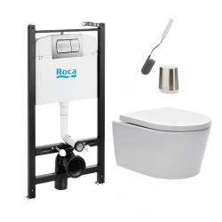Roca Pack Bâti-support Roca Active + WC sans bride et fixations invisibles + plaque chrome mat + brosse de toilette