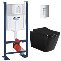 Grohe Pack WC Bâti autoportant + WC sans bride SAT Infinitio Noir mat Design + Abattant softclose + Plaque chrome mat