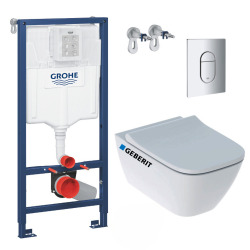 Grohe Pack WC Bâti-support + WC sans bride Geberit Smyle Square + Abattant softclose + Plaque Chrome Arena
