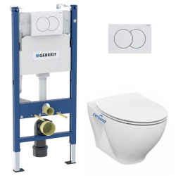 Geberit Pack WC Bati-support Geberit Duofix + WC Cersanit Moduo cuvette suspendue sans bride + abattant SoftClose + Plaque blanche (Modu
