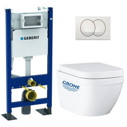 Geberit Pack WC Bâti-support autoportant Duofix + WC sans bride Grohe Euro Ceramic + Abattant + Plaque blanche (EUROCTGEBX)