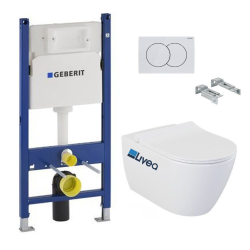Geberit Pack WC Bati-support Geberit Duofix + Cuvette suspendue sans bride Livea Bello + Abattant soft close + Plaque Blanche (BelloGeb3