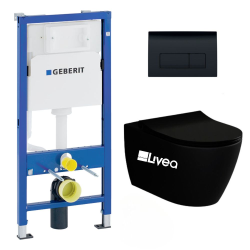 Geberit Pack WC Bati-support Geberit Duofix + WC sans bride Livea Bello noir mat + Abattant softclose + Plaque noire (Black Livea BelloG