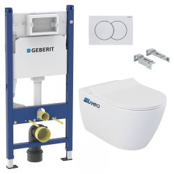 Geberit Pack WC Bati-support Geberit Duofix + Cuvette suspendue sans bride Livea Bello + Abattant soft close + Plaque Blanche (BelloGeb3