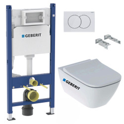 Geberit Pack WC Bati-support Geberit Duofix  + WC sans bride Geberit Smyle + Abattant softclose + Plaque blanche (SmyleGeb3-SP)