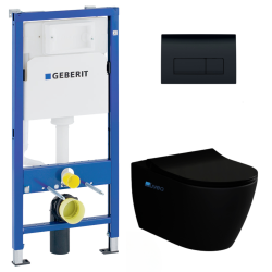 Geberit Pack WC Bati-support Geberit Duofix + WC sans bride Livea Bello noir mat + Abattant softclose + Plaque noire (BlackBelloGeb-7)