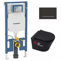 Pack WC Bâti-support + Cuvette suspendue SAT Infinitio sans bride noire mat + Abattant frein de chute + Plaque noire mat/chrome