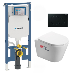 Geberit Pack WC Bati Geberit extra-plat + Cuvette Swiss Aqua Technologies sans bride fixations invisibles + plaque (SLIM-Infinitio-A)