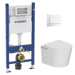 Geberit Pack WC Bati-support Geberit Duofix + WC suspendu  Vitra Normus + Abattant softclose + Douchette bidet + Plaque blanche