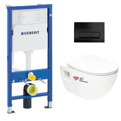 Geberit Pack Bâti-support Geberit + WC sans bride Swiss Aqua Technologies + abattant SoftClose + plaque noir mat (ProjectGeb10)