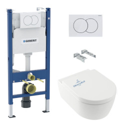 Geberit Pack WC Bâti support + WC Villeroy & Boch Arceauslim sans bride + abattant SoftClose + Plaque Blanche (ArceauSlimGeb3)