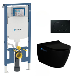 Geberit Pack WC Bati-support Geberit extra-plat UP720 + WC sans bride Livea Bello noir mat + Abattant softclose + Plaque noire