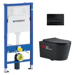 Geberit Pack WC Bati-support Geberit + WC Swiss Aqua Technologies sans bride + abattant SoftClose + plaque noire mat (BLSATGEB10SP)