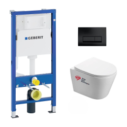 Geberit Pack WC Bati-support Geberit + WC Swiss Aqua Technologies Infinitio sans bride + plaque Delta 50 noir mat