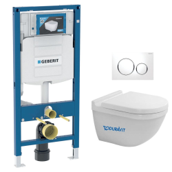 Geberit Pack Bati-support Geberit + WC Duravit Starck 3 rimless fixations invisibles + Abattant softclose + Plaque blanc chrome GebStarc