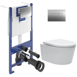 Pack WC bâti-support Villeroy & Boch + WC suspendu sans bride abattant Softclose Swiss Aqua Technologies + Plaque (VCNSAT2CH)