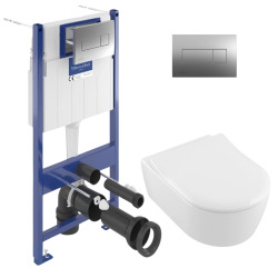 Geberit Pack WC Bâti support + WC Villeroy & Boch Arceauslim sans bride + abattant SoftClose + Plaque Blanche (ArceauSlimGeb3)