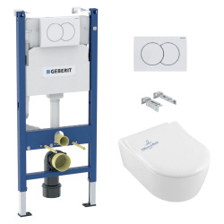 Geberit Pack WC Bâti support + WC Villeroy & Boch Arceauslim sans bride + abattant SoftClose + Plaque Blanche (ArceauSlimGeb3)