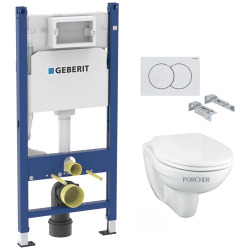 Pack WC Bâti Duofix + Cuvette suspendue Porcher sans bride + Abattant Ideal Standard ASTOR + Plaque blanche (PorcherGeb3)