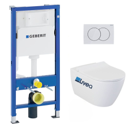 Geberit Pack WC Bati-support Geberit UP100 + WC sans bride Livea Bello + Abattant softclose + Plaque Blanc alpin ( Livea BelloGeb1)