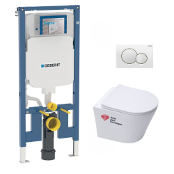 Geberit Pack WC Bati-support Geberit extra-plat + Cuvette Swiss Aqua Technologies Infinitio sans bride + Plaque blanche