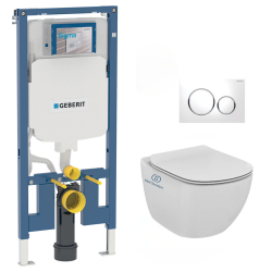 Geberit Pack WC Bati-support Geberit extra-plat UP720 + WC Ideal Standard Tesi Aquablade + Abattant softclose + Plaque Blanc/Chrome