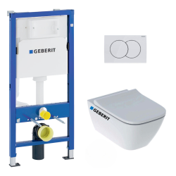 Geberit Pack WC Bati-support Geberit Duofix + WC sans bride Geberit Smyle + Abattant softclose + Plaque blanche (SmyleGeb1)