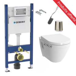 Geberit Pack WC Bati-support Geberit Duofix + WC Vitra S50 + Abattant softclose + Plaque blanche + Brosse de toilette OFFERTE