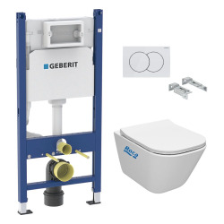 Geberit Pack Bâti-support + WC sans bride Roca Gap + Abattant slim, softclose + Plaque blanche (GAPGEB3)