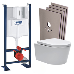 Grohe Pack WC bâti autoportant + WC sans bride SAT + Abattant softclose + Plaque chrome + Set habillage
