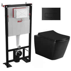 Pack WC Bâti autoportant + WC sans bride Alfa avec fixations invisibles noir mat + Abattant softclose + Plaque Noire mat