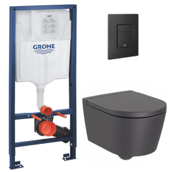 Grohe Pack WC Bâti-support + WC Roca Inspira onyx sans bride fixations invisibles + Abattant + Plaque noire (RapidSLInspiraO-KF0)