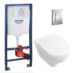 Pack WC Bâti-support + Cuvette suspendue Ulysse Porcher + Abattant classique + Plaque Chrome (Grohe-Uysse-1)