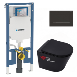 Geberit Pack WC Bati-support Geberit + WC suspendu sans bride Swiss Aqua Technologies + Abattant SoftClose + Plaque noire mat/chrome