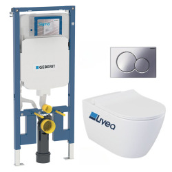 Geberit Pack WC Bati-support Geberit extra-plat UP720 + Cuvette suspendue sans bride Livea Bello + Abattant frein de chute + Plaque chro